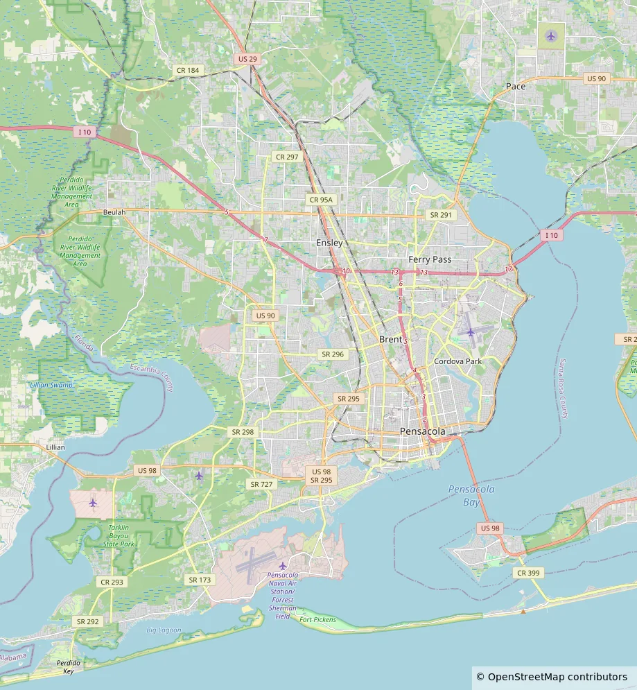 Map of the Pensacola area, from Perdido Key in the west to Gulf Breeze in the east and north to Pace